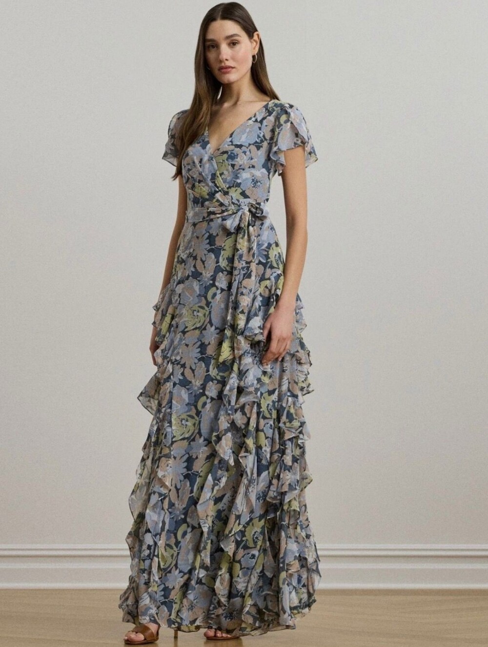 Lauren Ralph Lauren Floral Ruffle-Trim Georgette Blue Gown